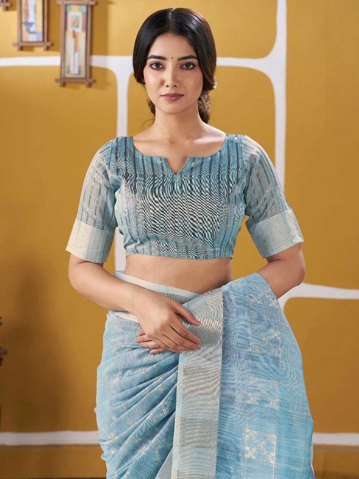 Tarani sky blue linan cotton silk saree upper body view showcasing blouse and zari detailing