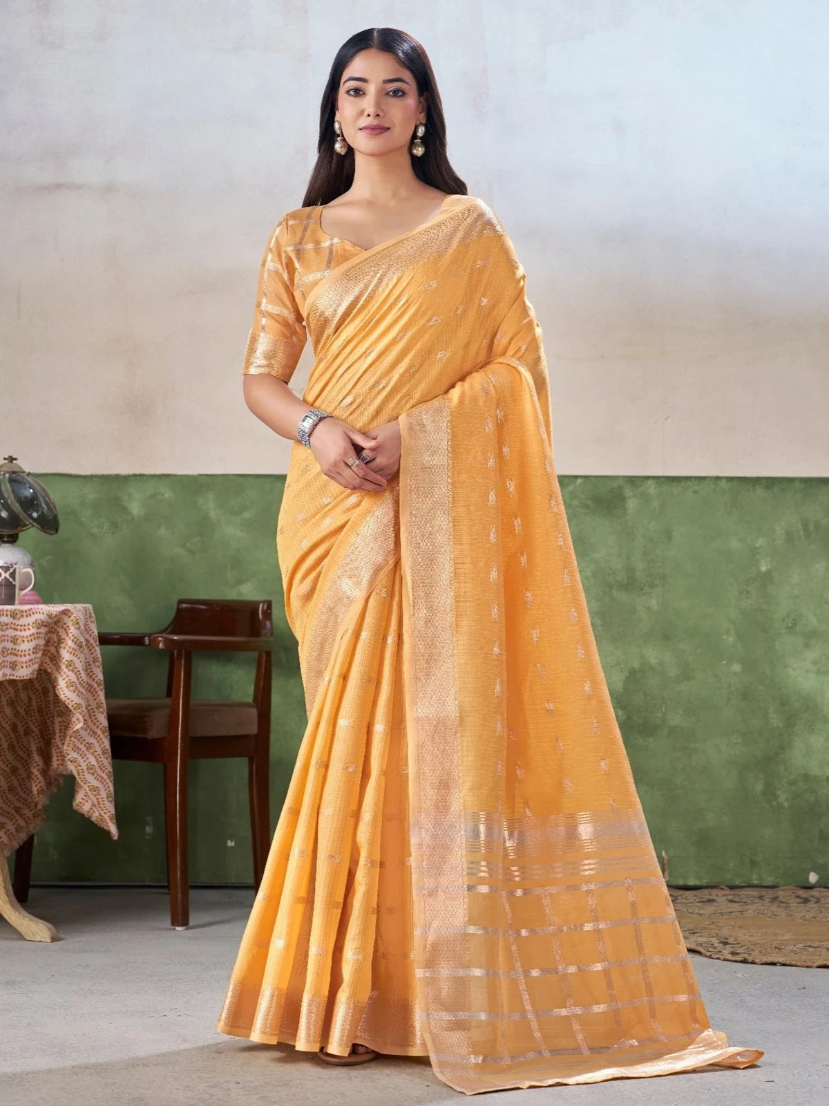 Tarani yellow linen cotton silk saree with zari weaving work full front view for wedding and party wear