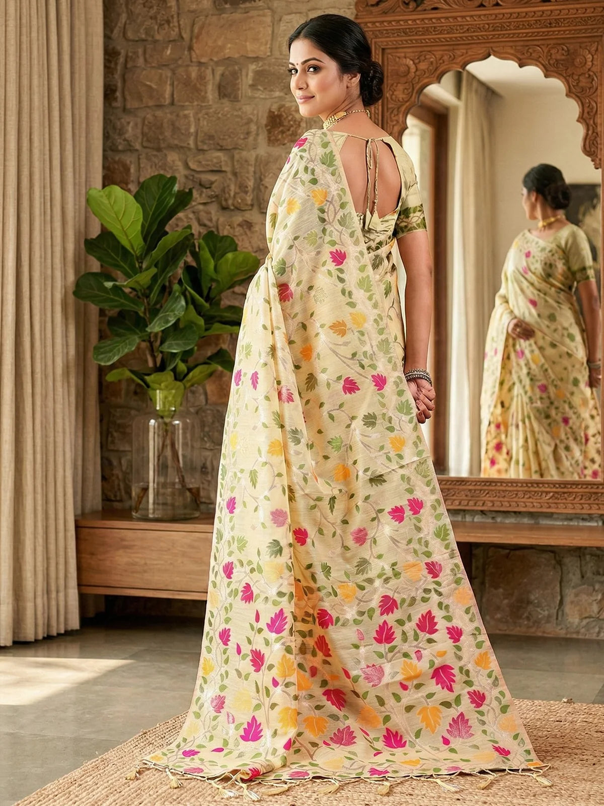 Tarani beige linen cotton saree back view with floral pallu and blouse design Divyanka