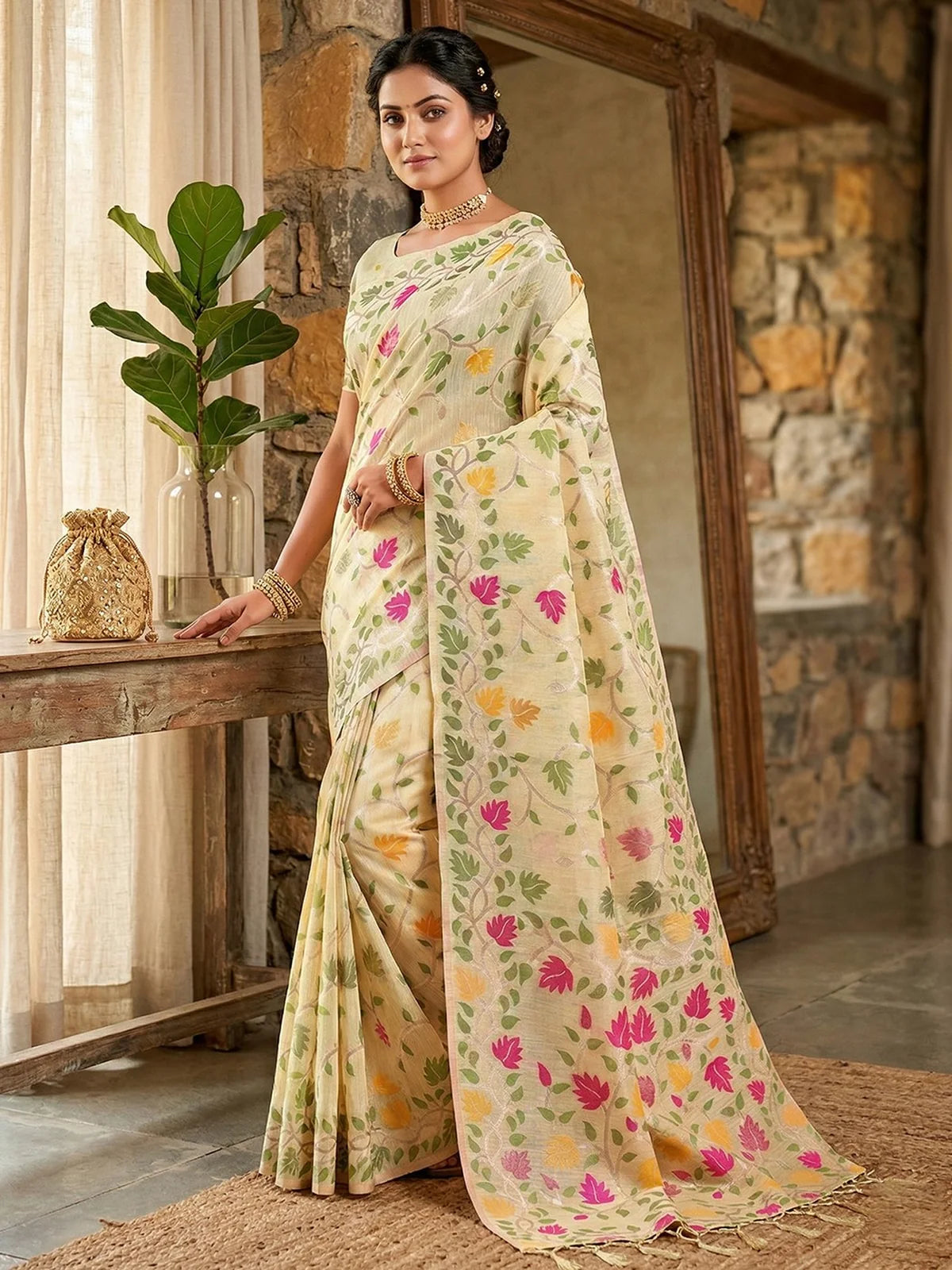 Tarani beige linen cotton saree elegant front drape with floral motifs and blouse Divyanka
