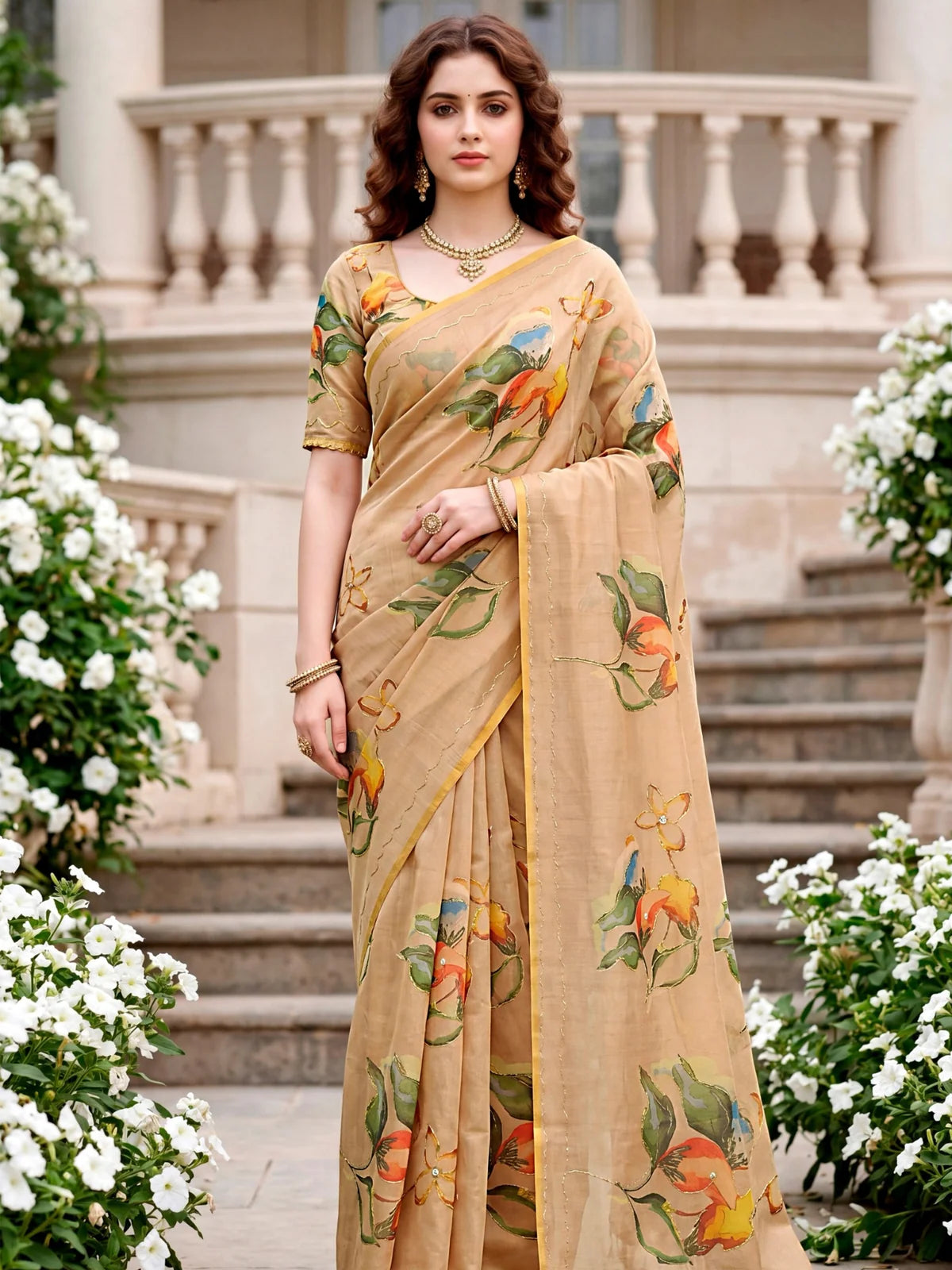 Tarani Phalguni beige linen cotton saree with floral print and Aari work full front view for festive and party wear