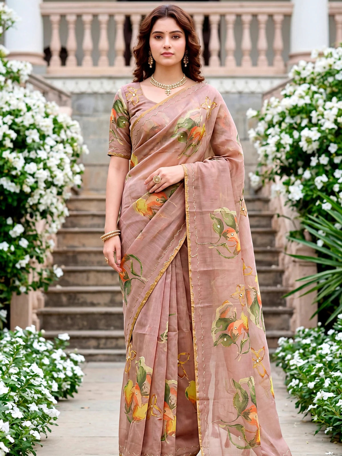 Tarani dusty pink linen cotton saree with floral print and Aari work full view for festive wear