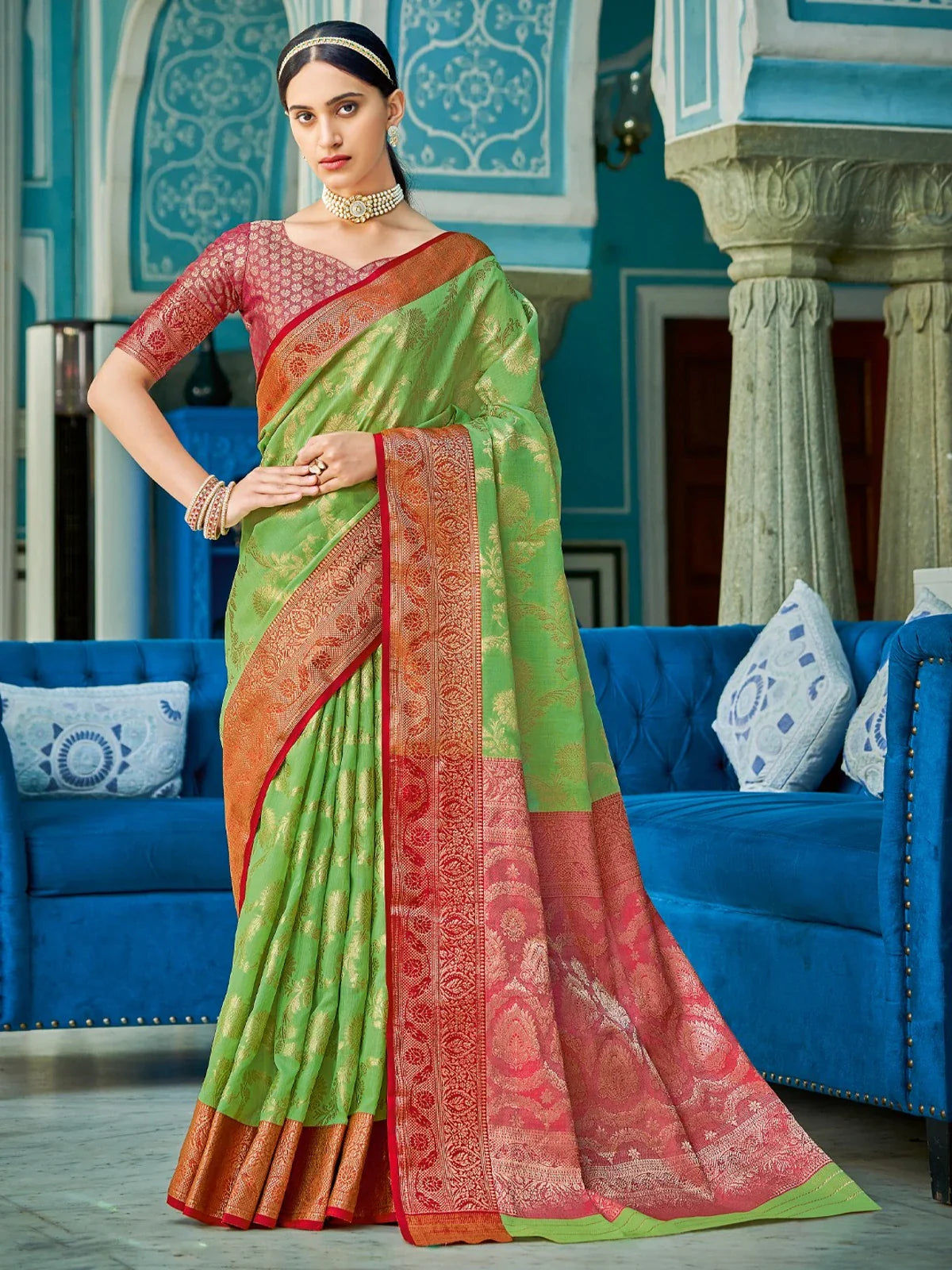 Tarani premium green linen cotton saree with intricate border and blouse design full view