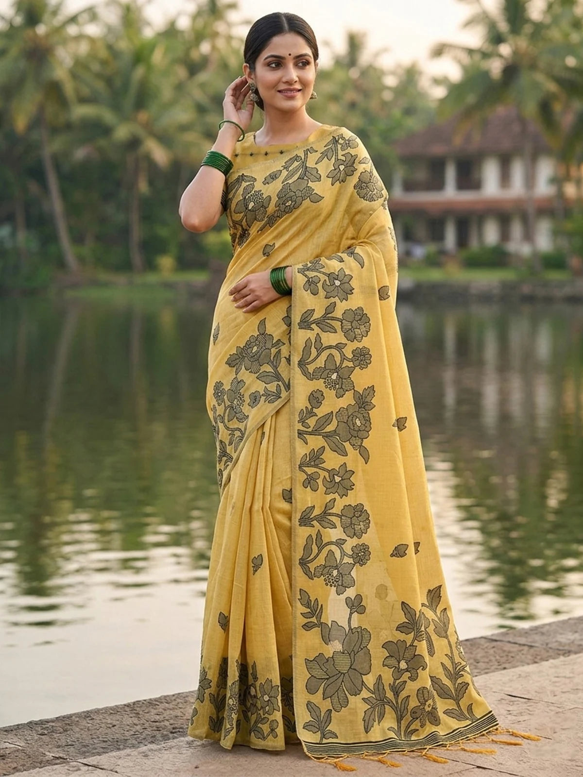 Tarani mustard linen cotton saree front view with floral printed design and tassel pallu for festive and party wear