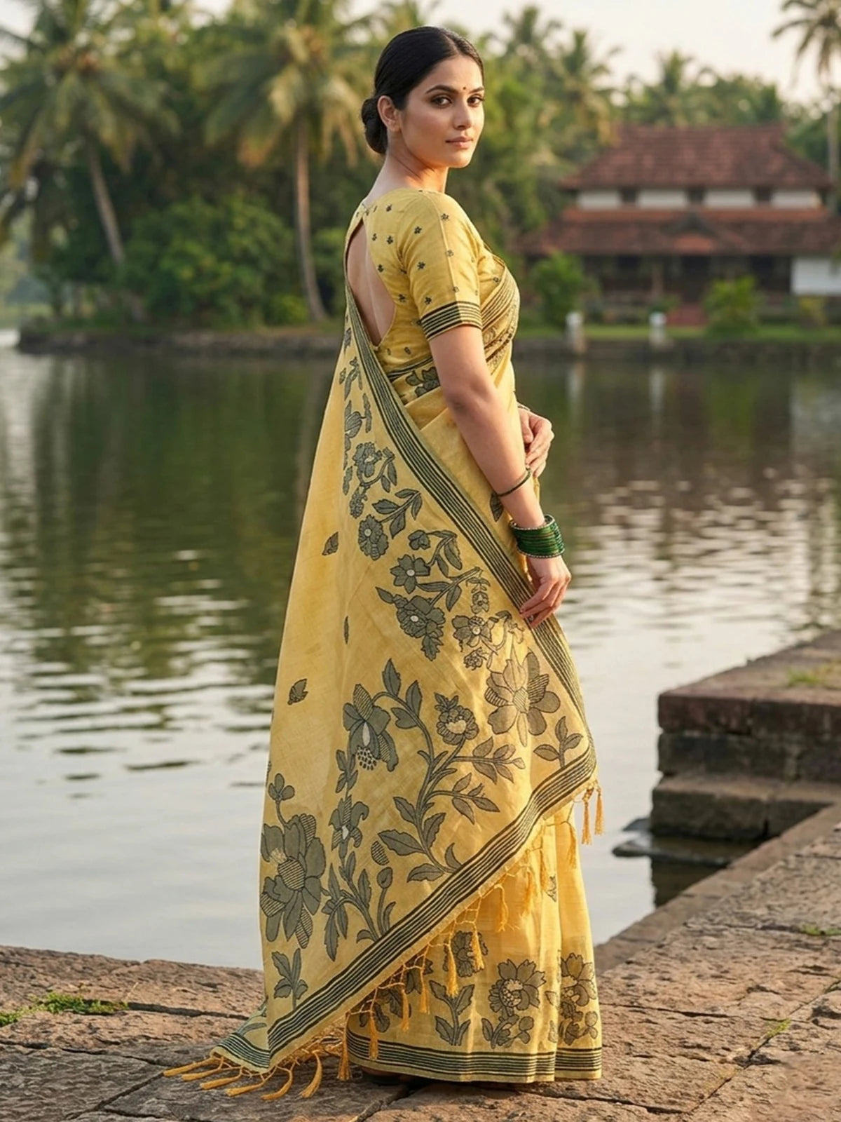 Tarani mustard linen cotton saree side view showcasing floral print border and elegant pallu drape
