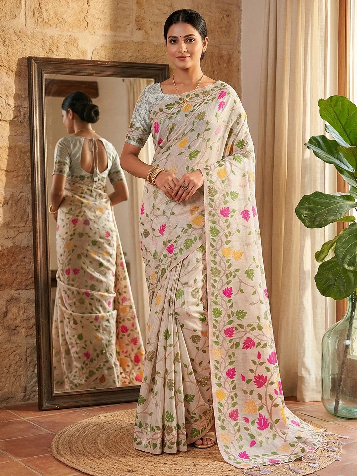 Tarani Nayesha off white linen cotton floral saree full view party wear