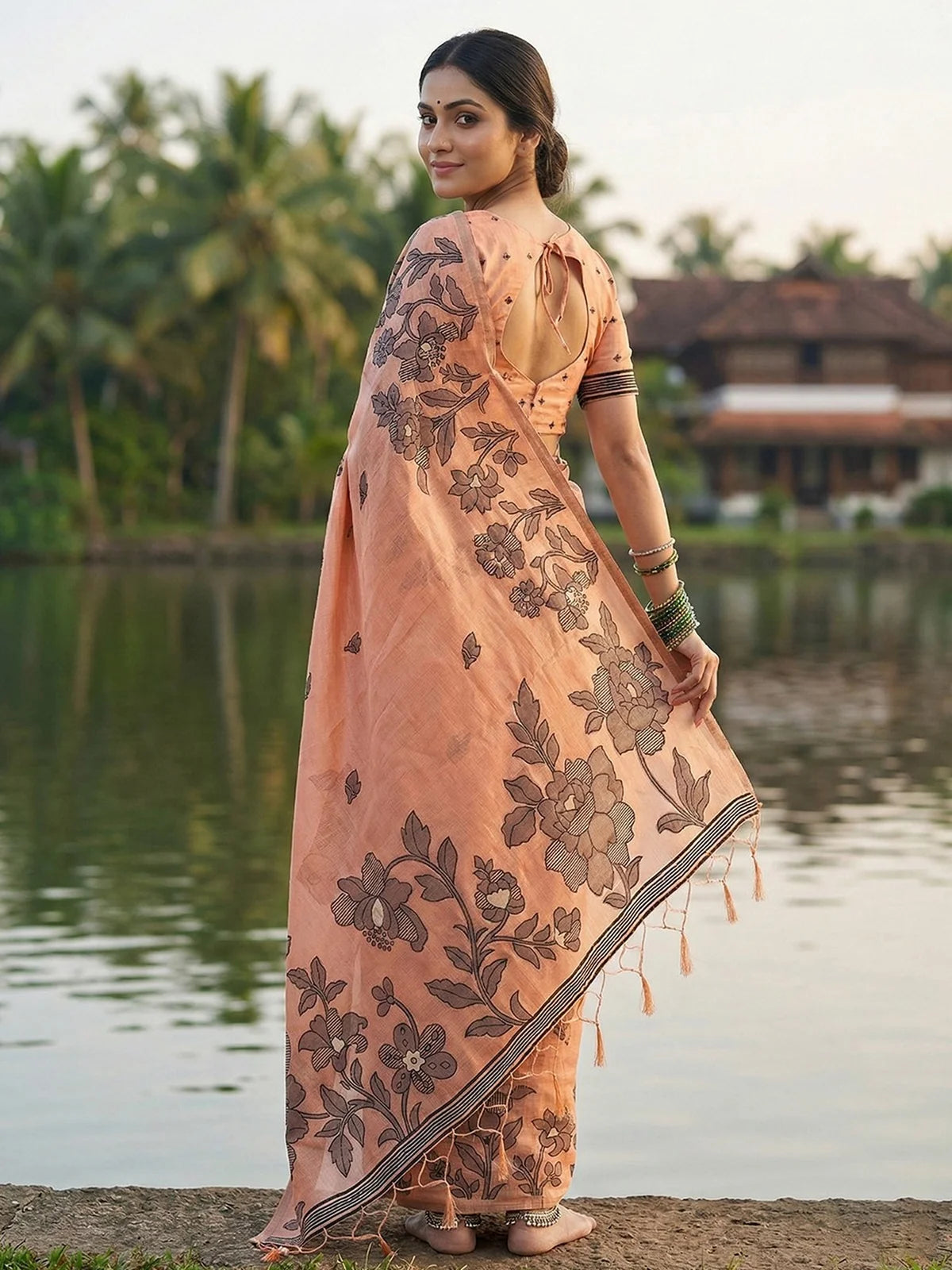 Tarani Janhita peach linen cotton printed saree back view with blouse design and tassel pallu