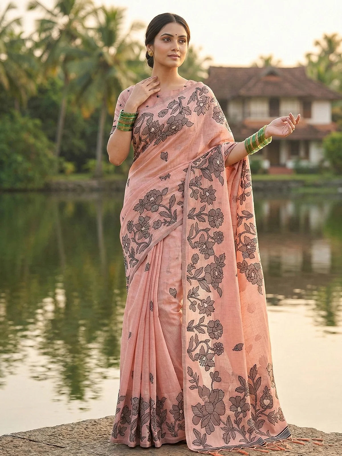 Tarani peach linen cotton printed saree front view with floral design and blouse piece for festive and party wear