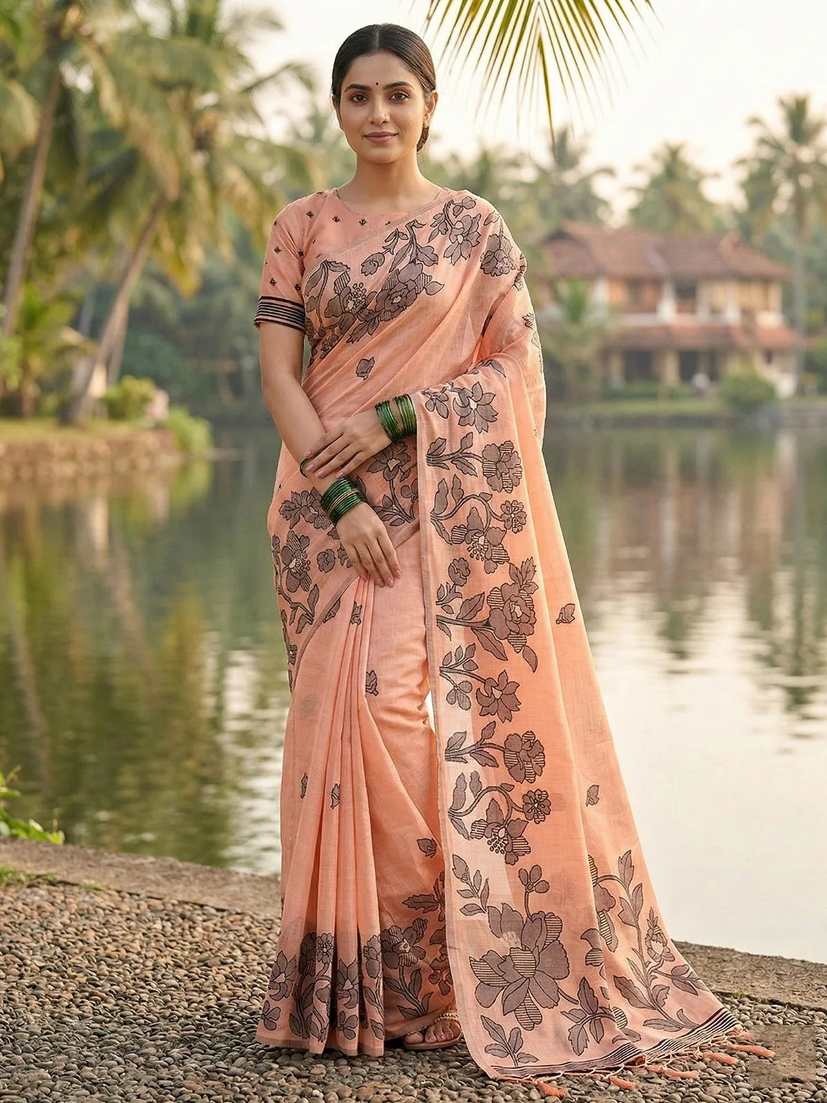 Tarani Janhita peach linen cotton printed saree front view with floral design and blouse piece