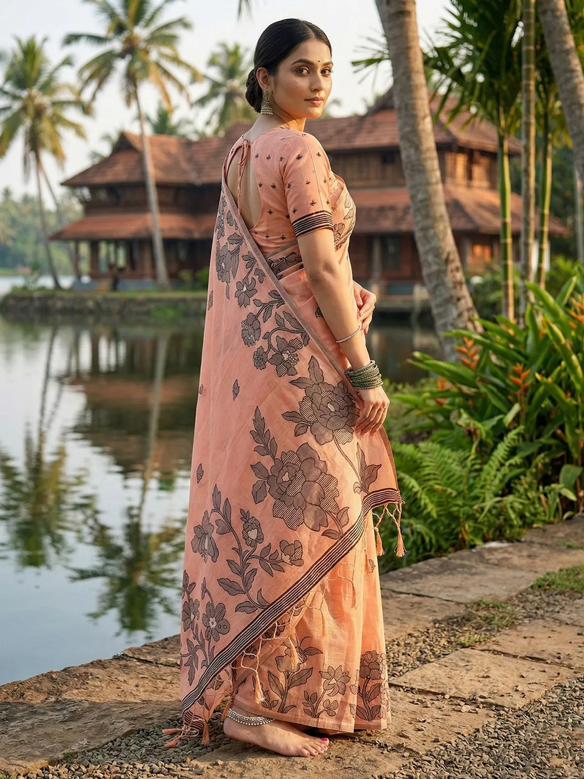 Tarani Janhita peach linen cotton printed saree side view showcasing pallu and floral print