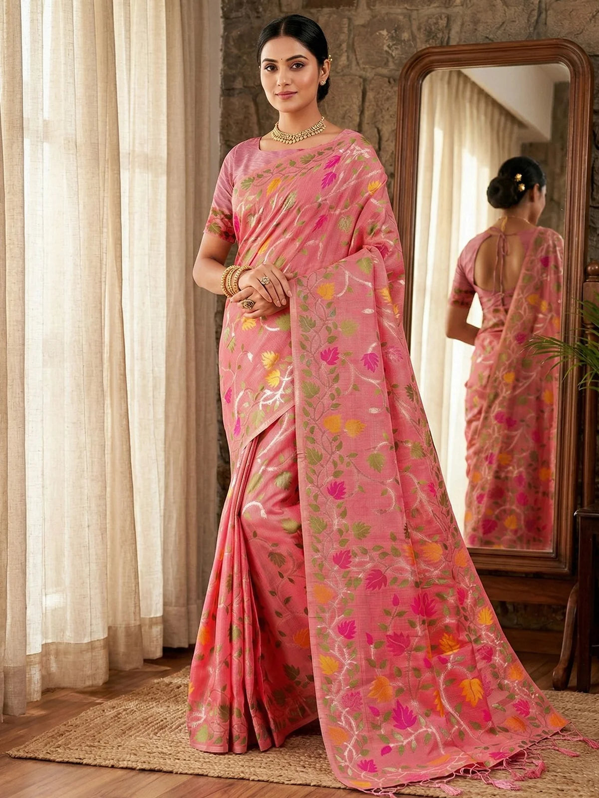 Tarani Jasika pink Linen Cotton saree front view with floral woven design and elegant festive drape