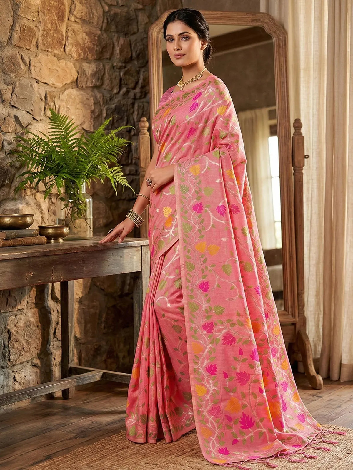 Tarani Jasika pink Linen Cotton saree side view showcasing floral pallu and graceful party wear style