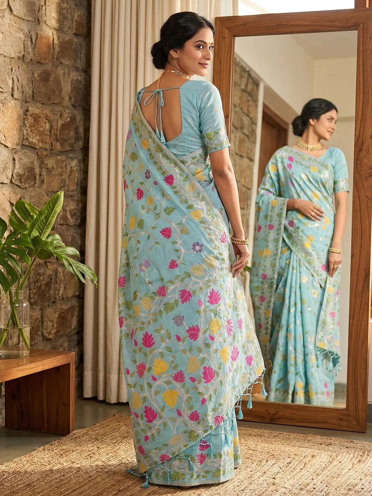 Tarani Sunanda sky blue linen cotton saree back view with floral pallu and tassels