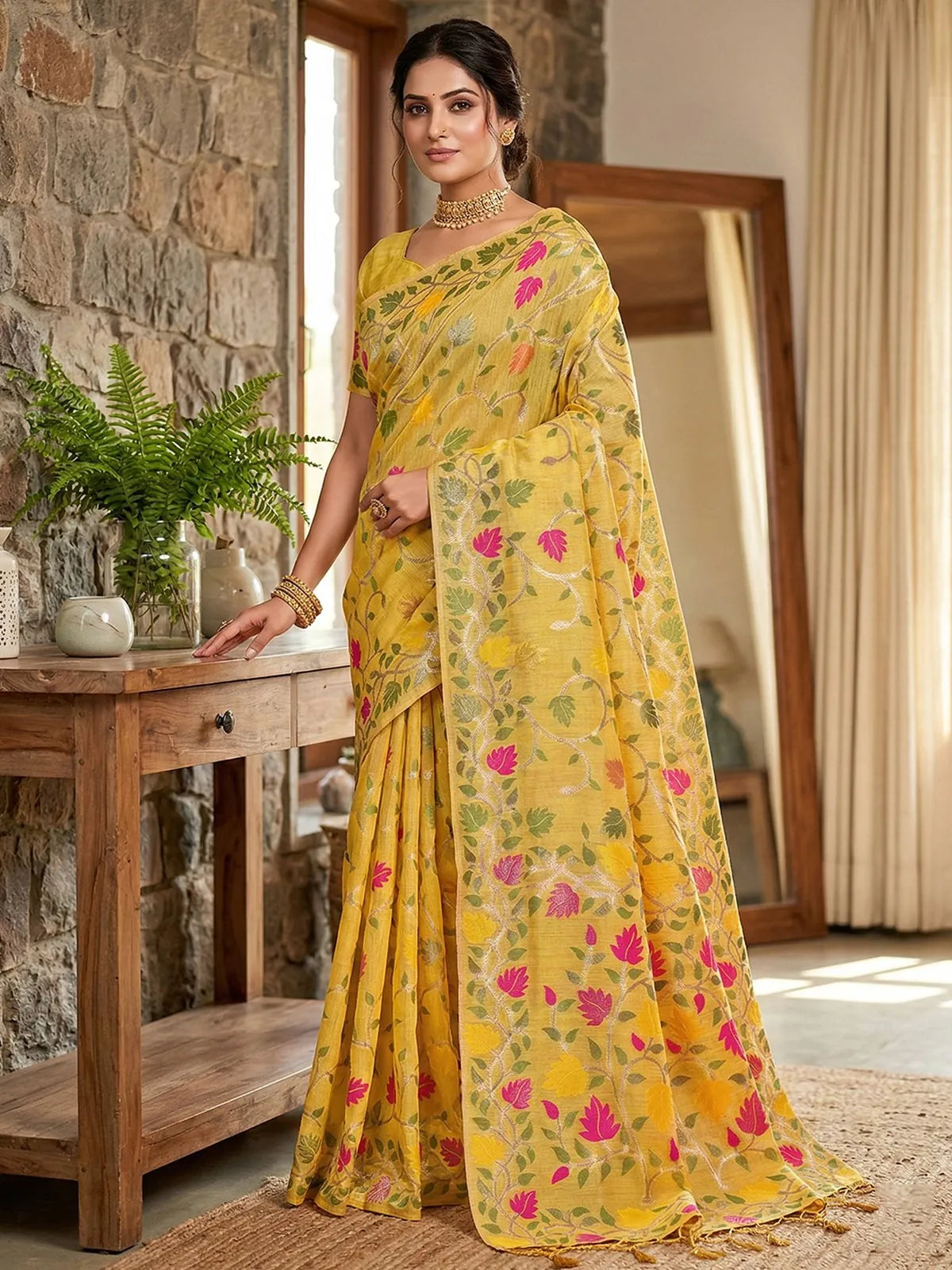 Tarani yellow linen cotton saree with floral weaving full view for wedding and festive wear Sadhana