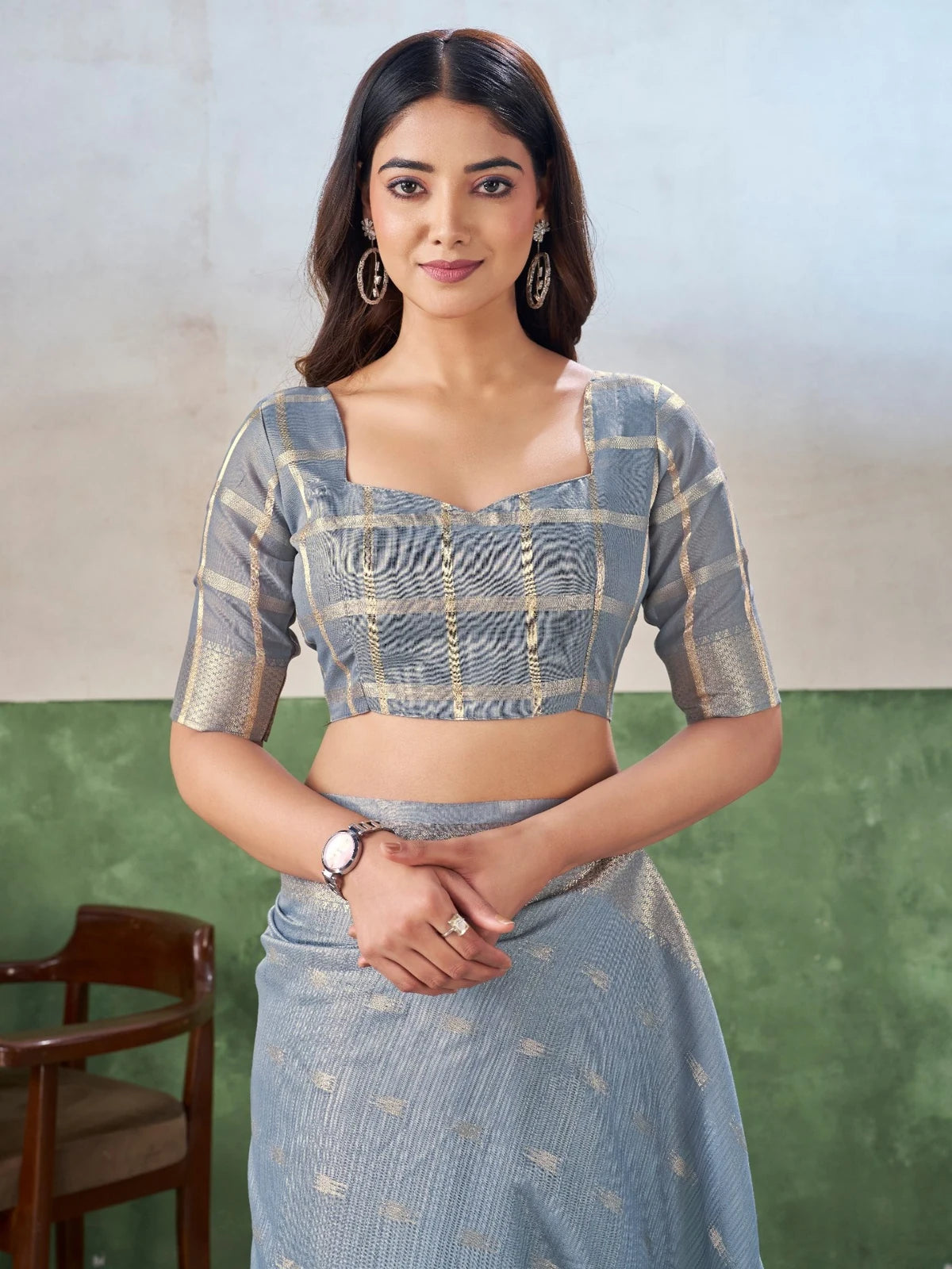 Tarani grey blue linen cotton silk saree blouse design upper body view with zari checks
