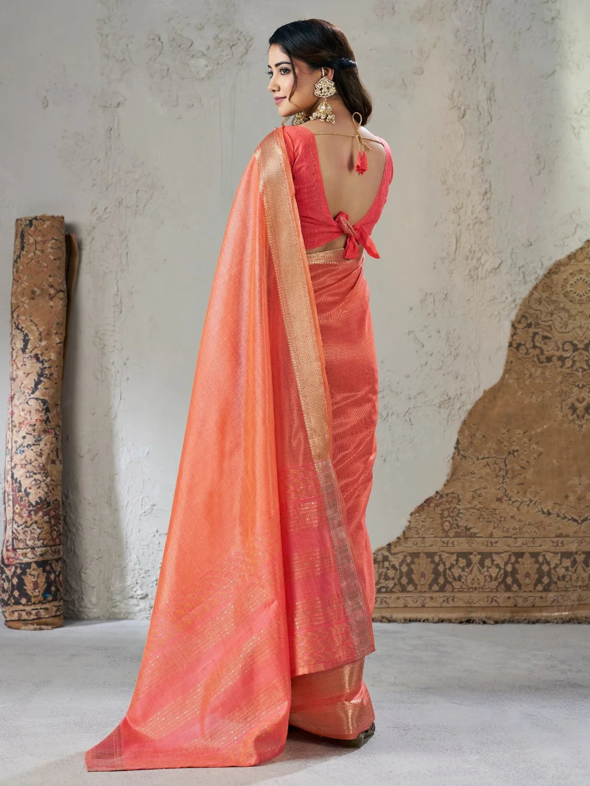Tarani Mihika peach linen cotton silk saree back view with designer blouse pattern
