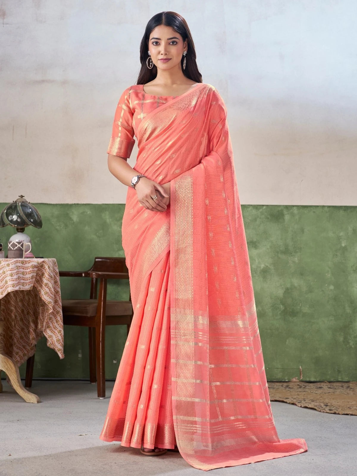 Tarani peach linen cotton silk saree with zari weaving work full front view