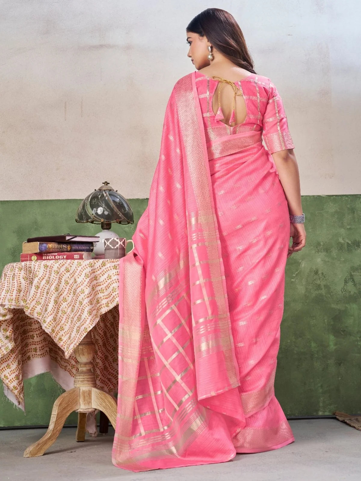 Tarani pink soft linan cotton silk saree back view with designer blouse pattern and woven detailing
