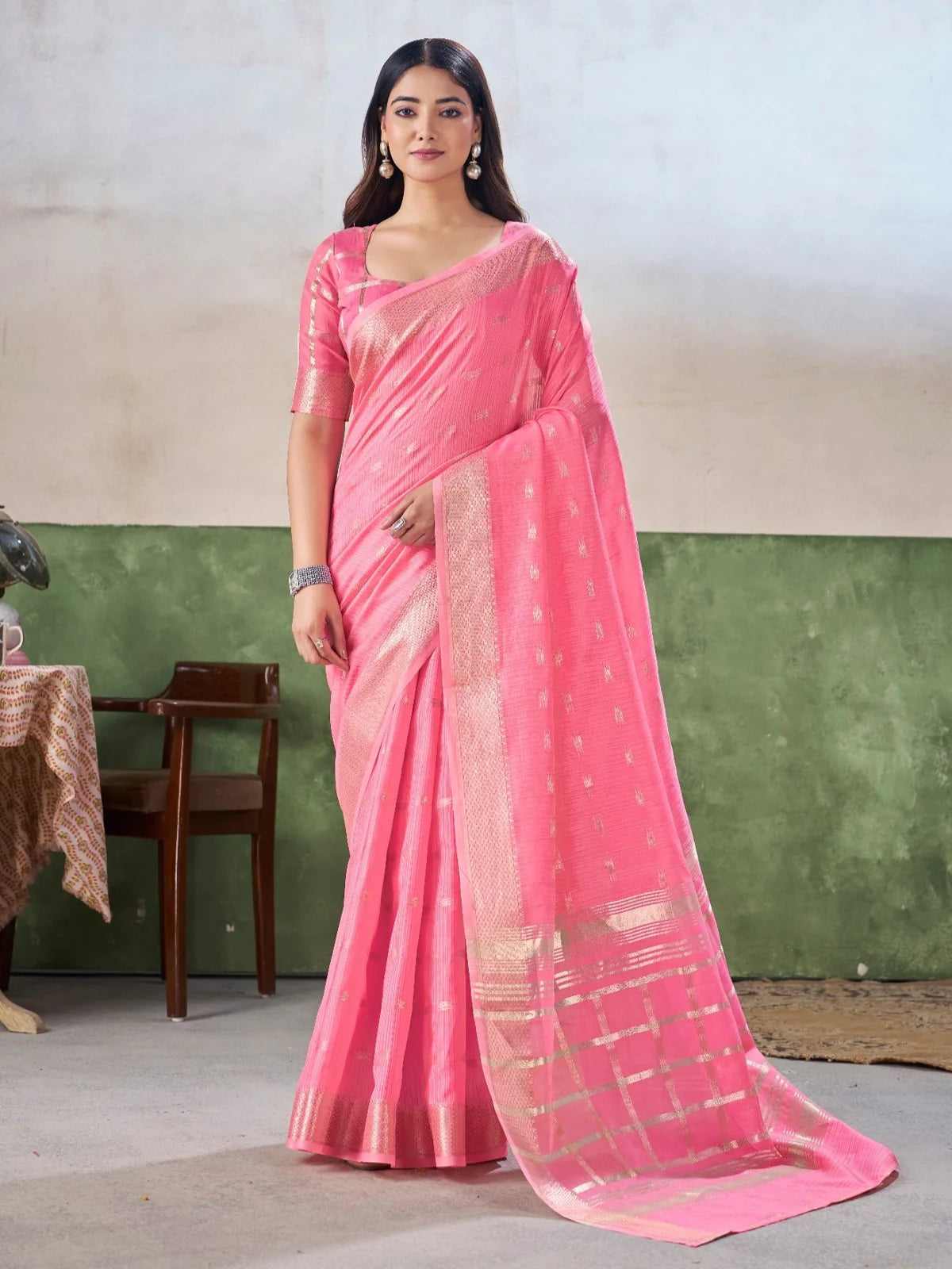 Tarani pink soft linan cotton silk saree with zari weaving work full front view for wedding wear