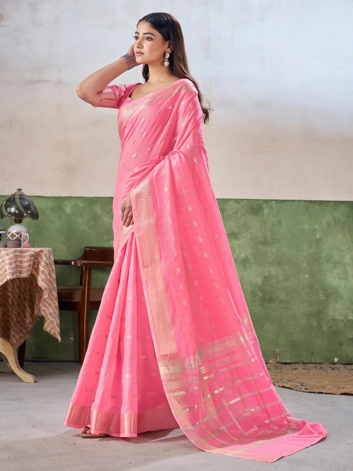 Tarani pink soft linan cotton silk saree side view with elegant woven border and festive drape