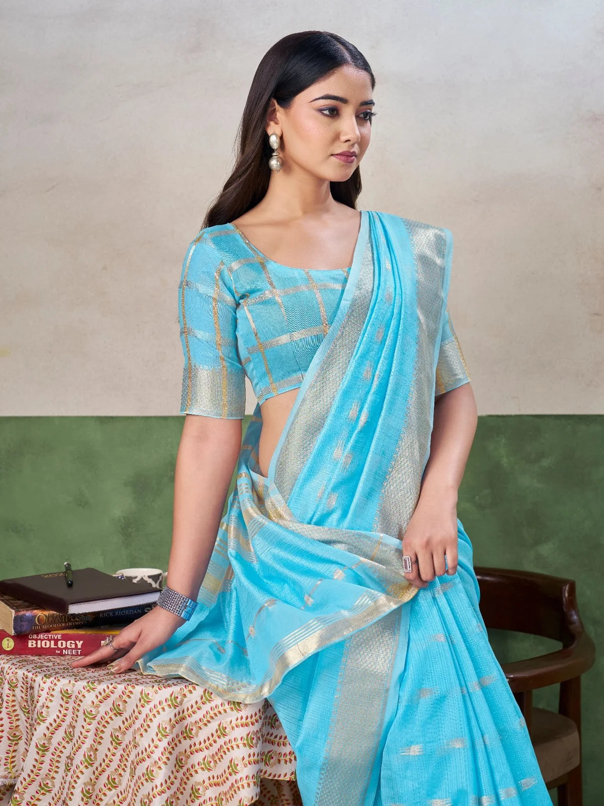 Tarani sky blue saree front drape view with woven pallu detailing