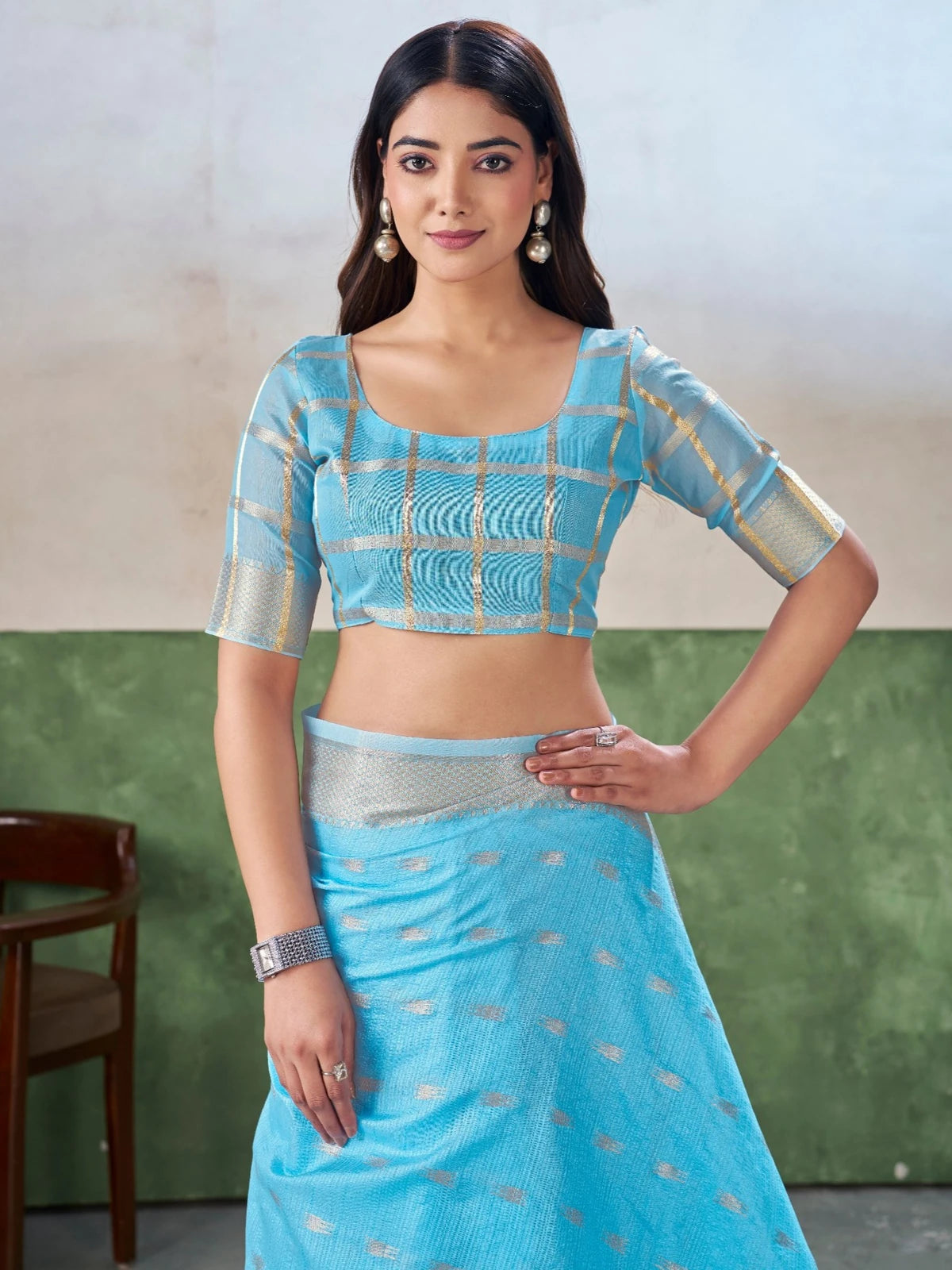 Tarani sky blue saree upper body view highlighting woven blouse design