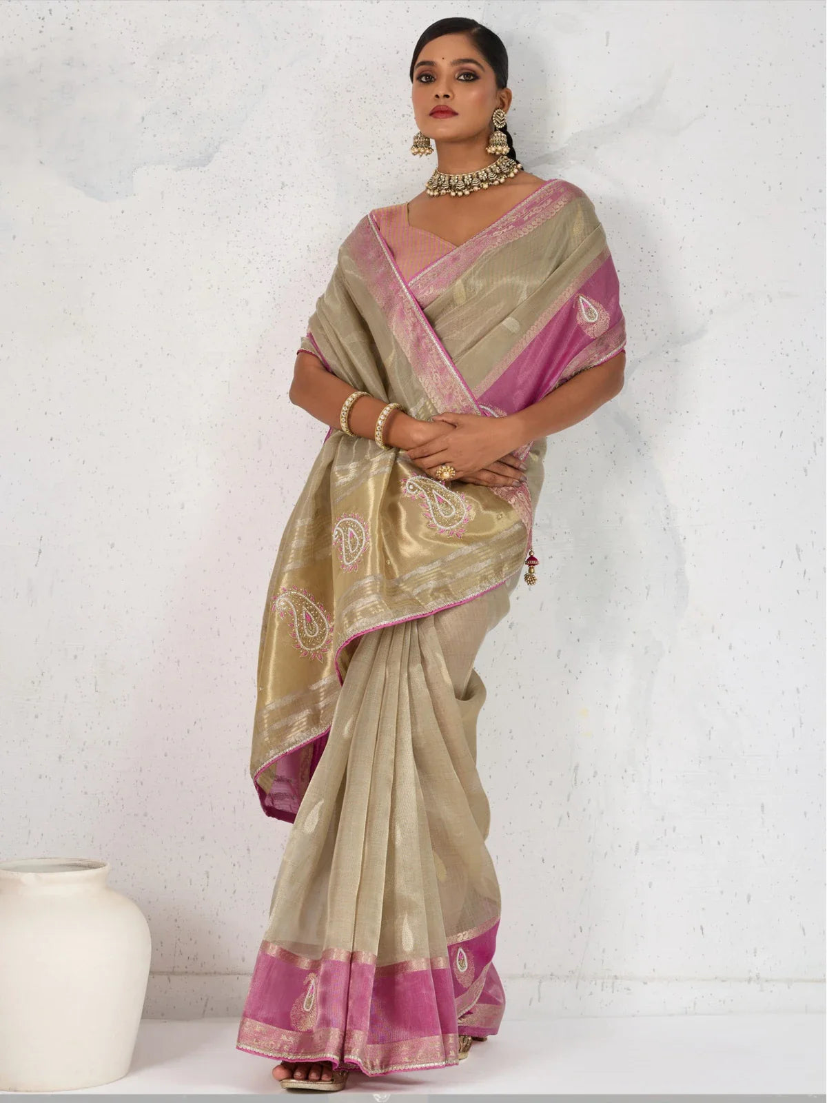Tarani beige linen saree with zari woven butta full front view for festive and party wear