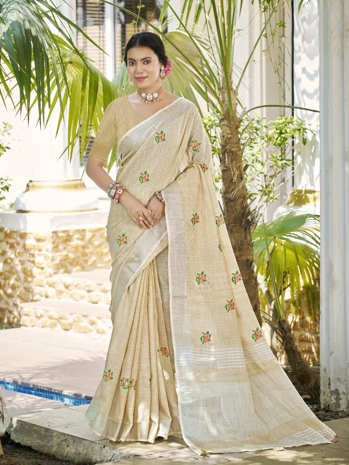 Tarani beige linen saree with embroidery work full view and matching blouse piece