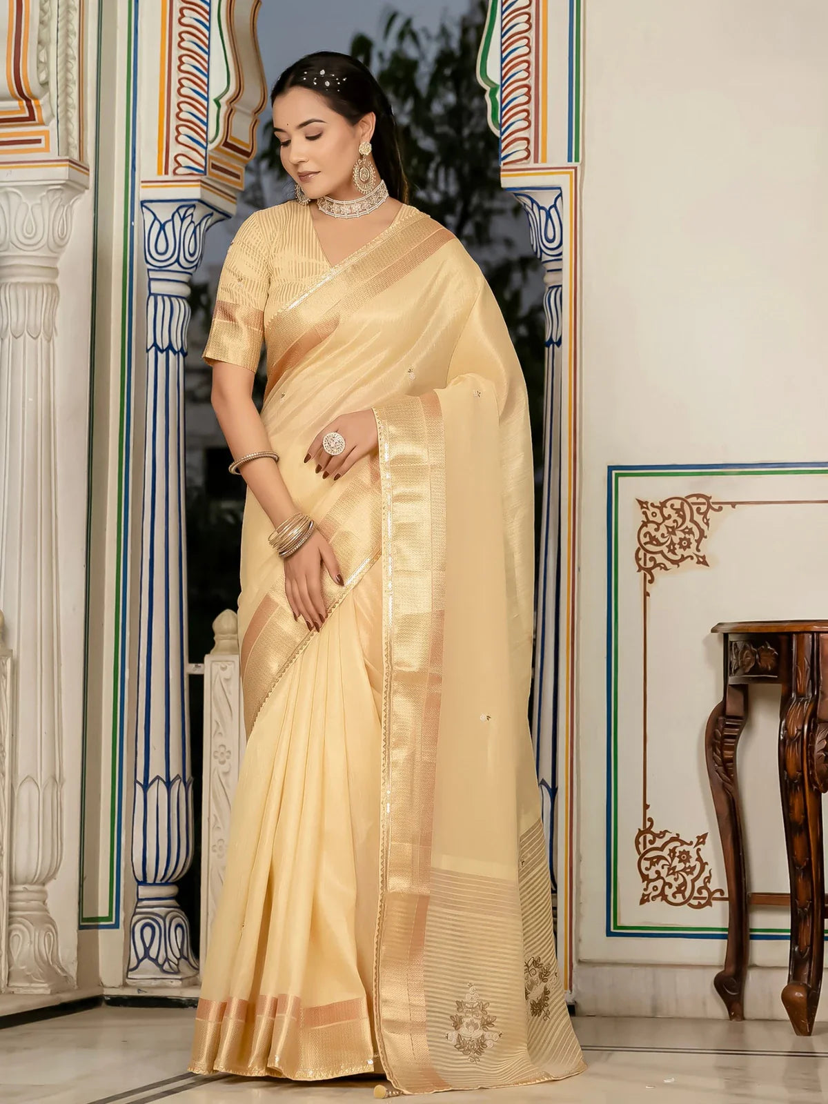 Tarani premium beige tissue linen saree full view with zari patta and hand embroidery