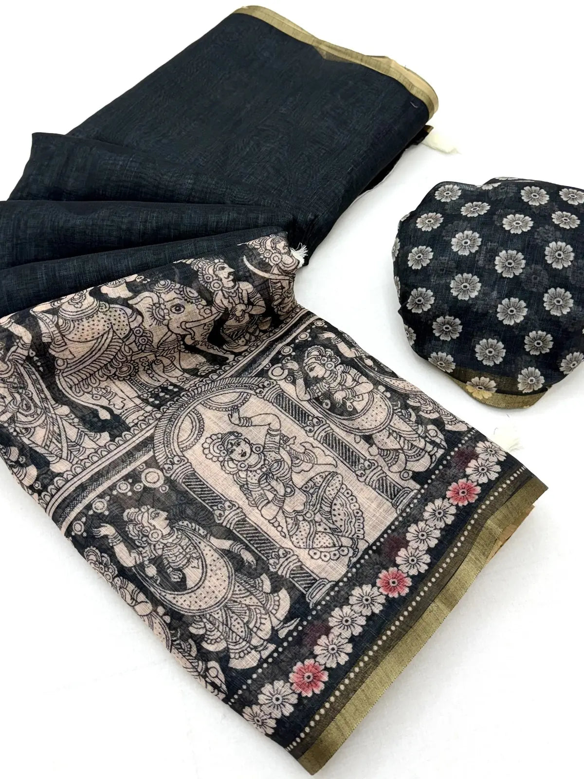 Tarani soft cotton blouse piece matching black linen saree blouse view