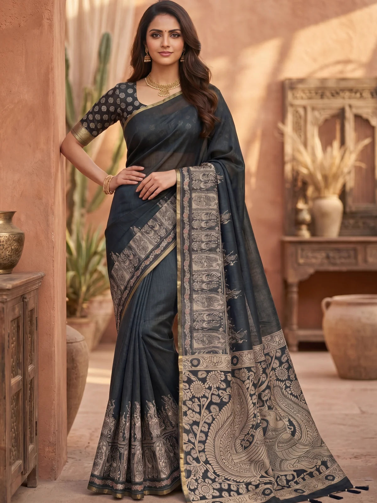 Tarani black soft cotton based linen saree with zari border full view party wear saree