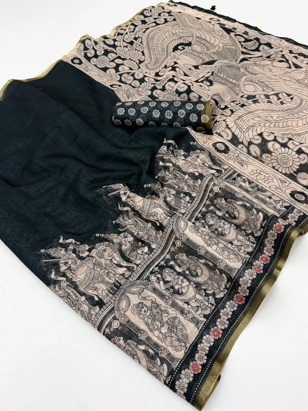 Tarani black soft cotton based linen saree pallu view with woven traditional border