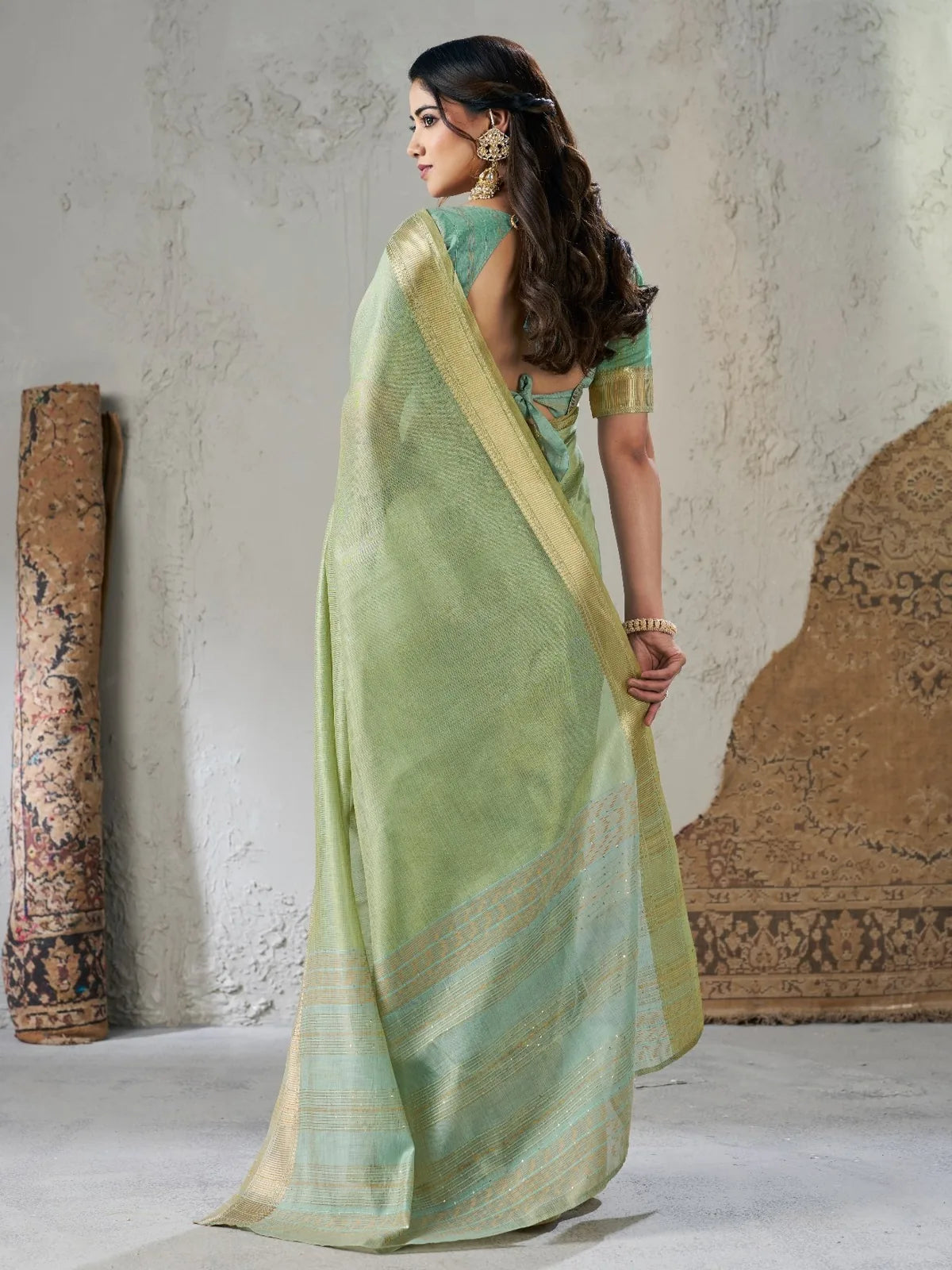 Tarani Parinita green linen cotton silk saree back view with blouse design detail
