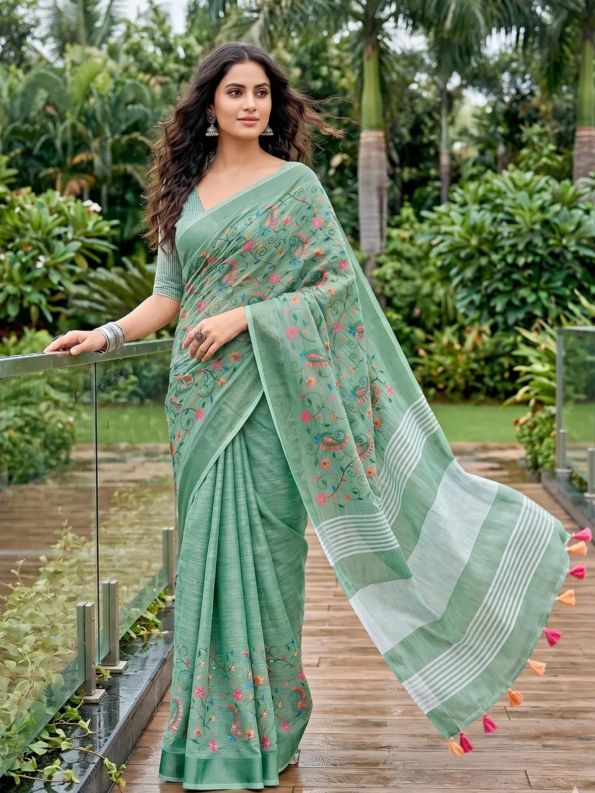 Tarani green linen saree with Kashmiri embroidery work and matching blouse full view