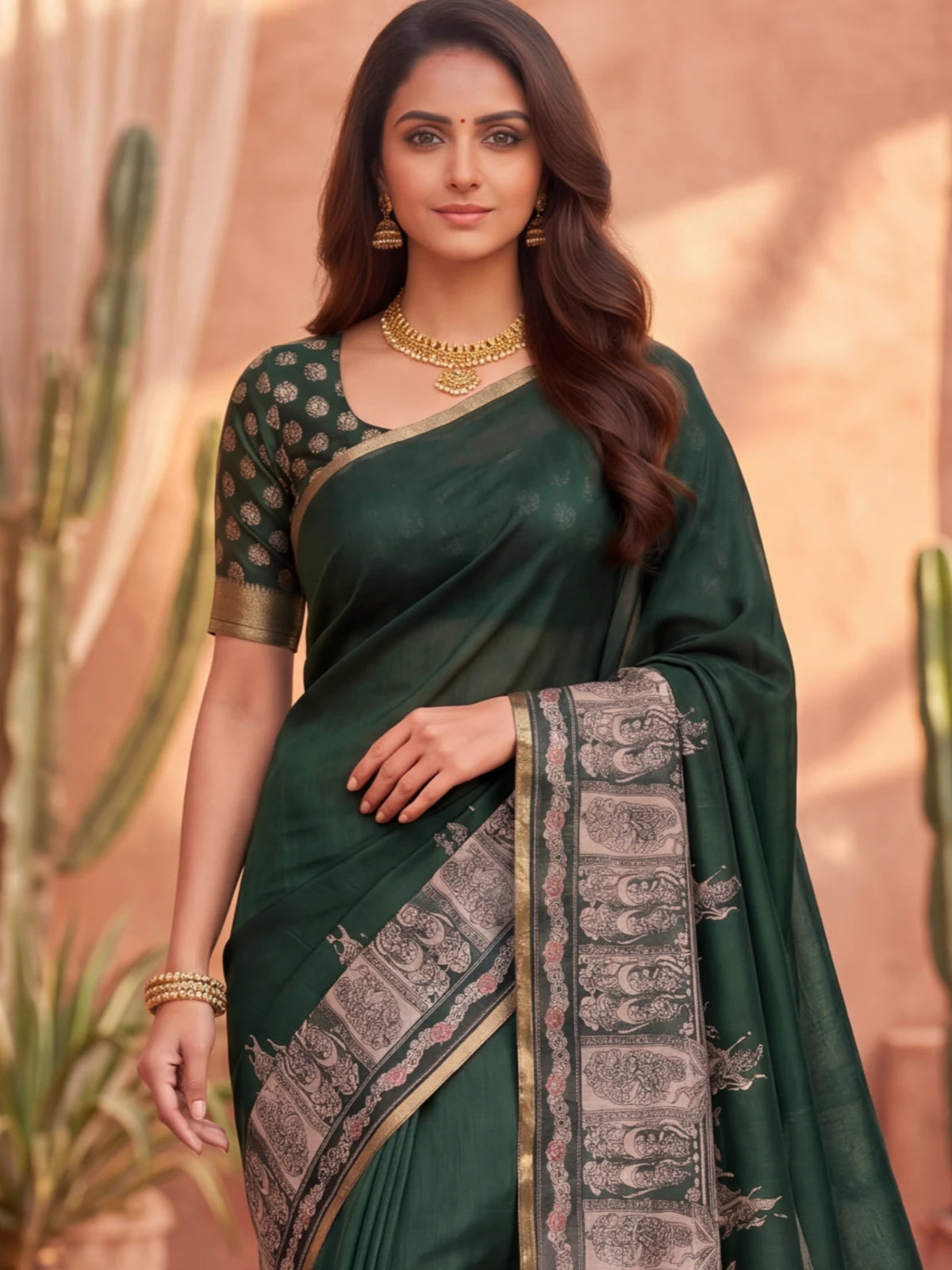 Tarani dark green linen saree upper body view with zari border and blouse
