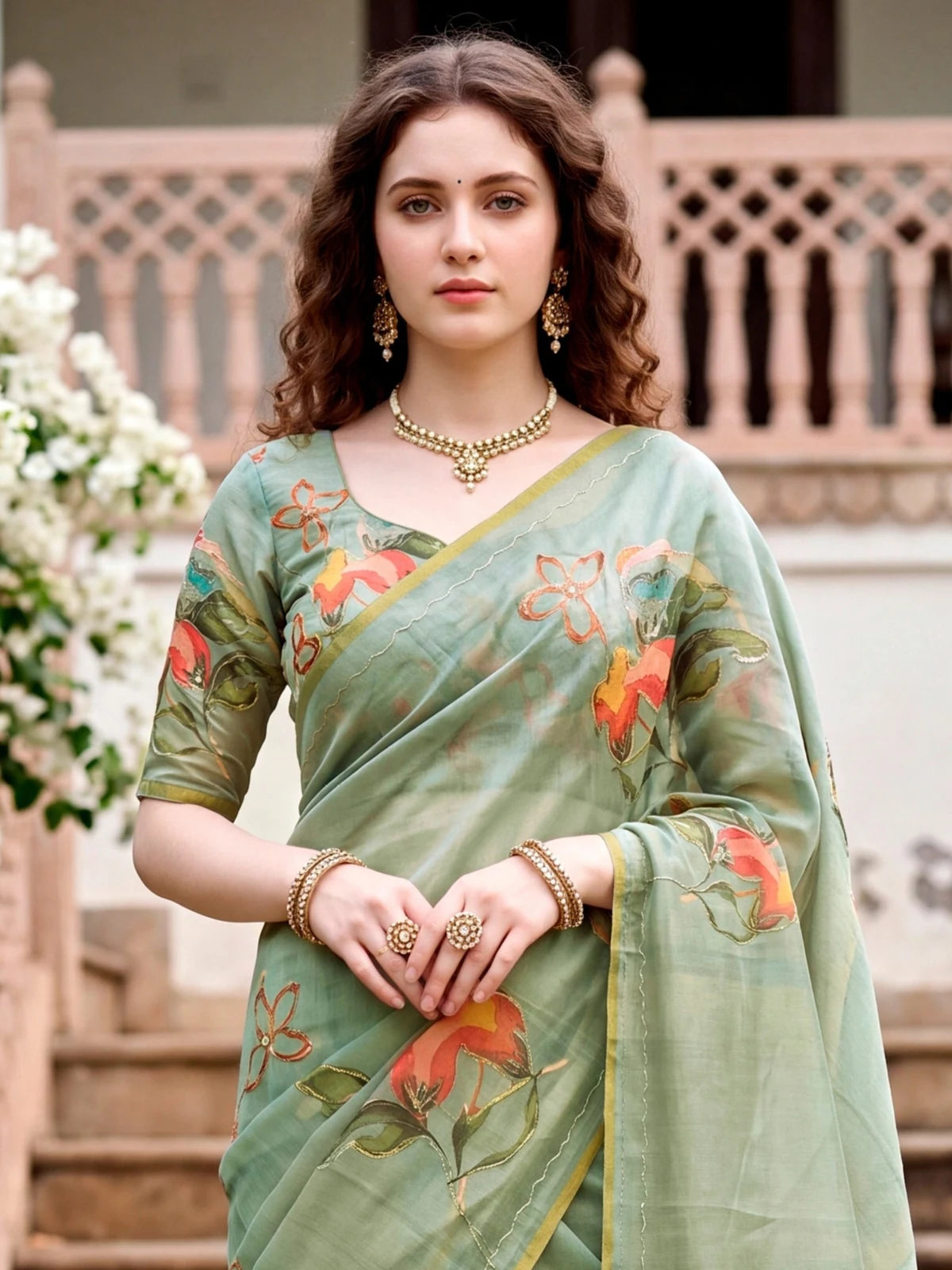 Tarani sage green linen cotton saree upper body view showing floral print blouse and elegant drape