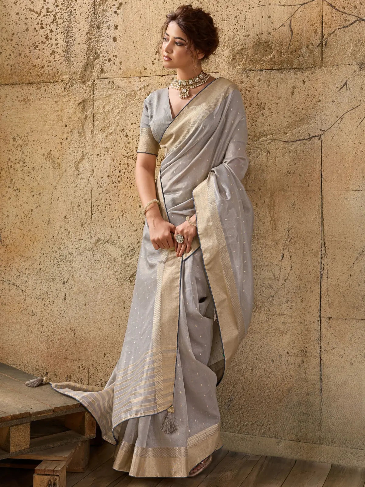 Tarani grey tissue linen saree front view with elegant zari border Indira