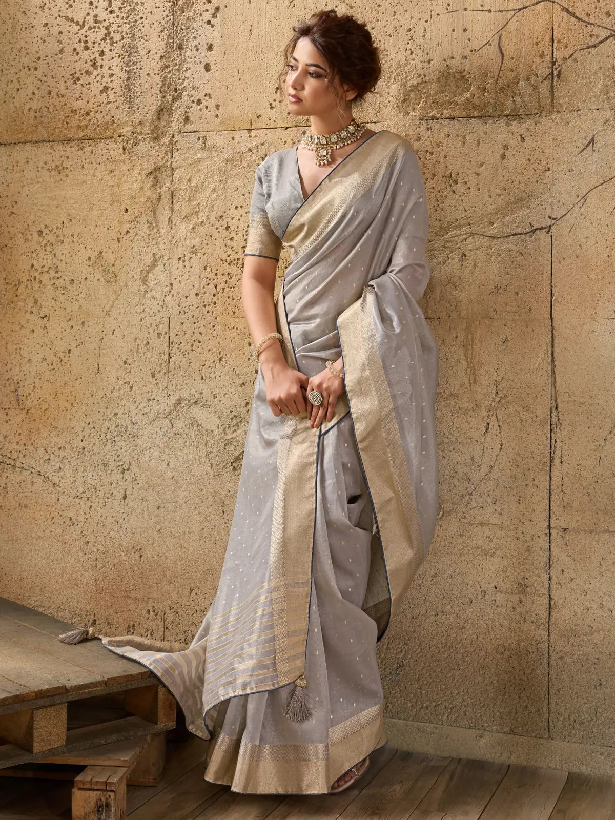 Tarani grey tissue linen saree front pose highlighting drape and pallu Indira
