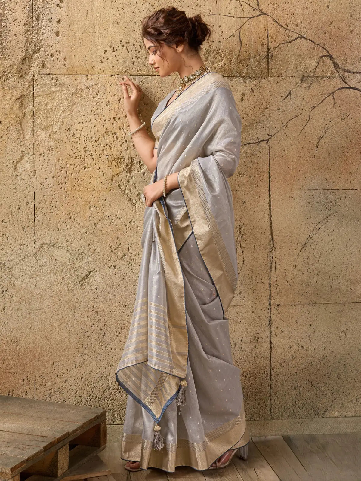 Tarani grey tissue linen saree side view with rich zari border Indira