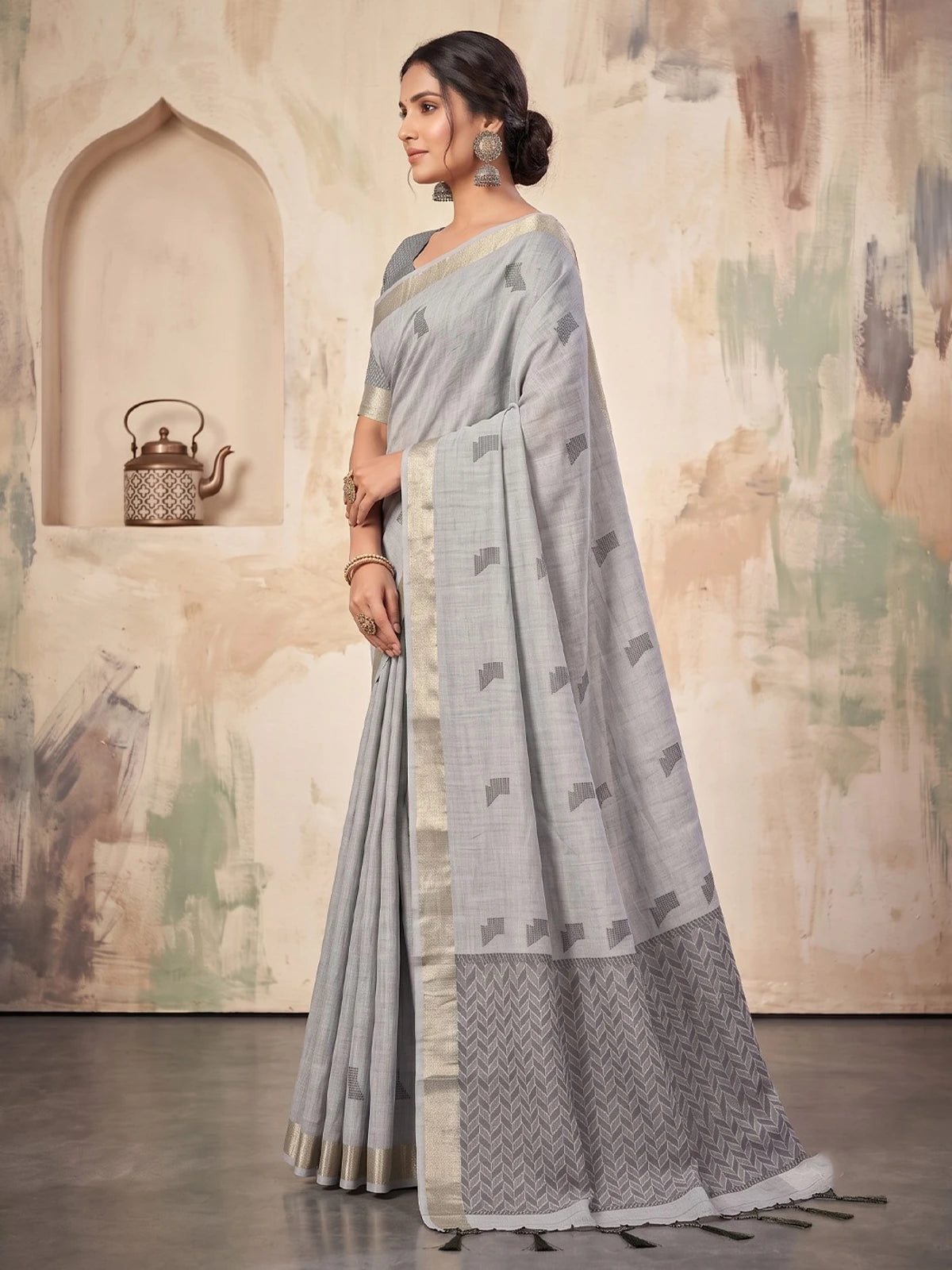 Tarani grey linen cotton saree elegant side view with woven border