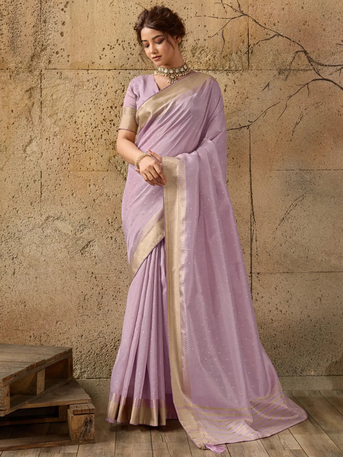 Tarani lavender tissue linen saree with zari border full-view Chetasvi