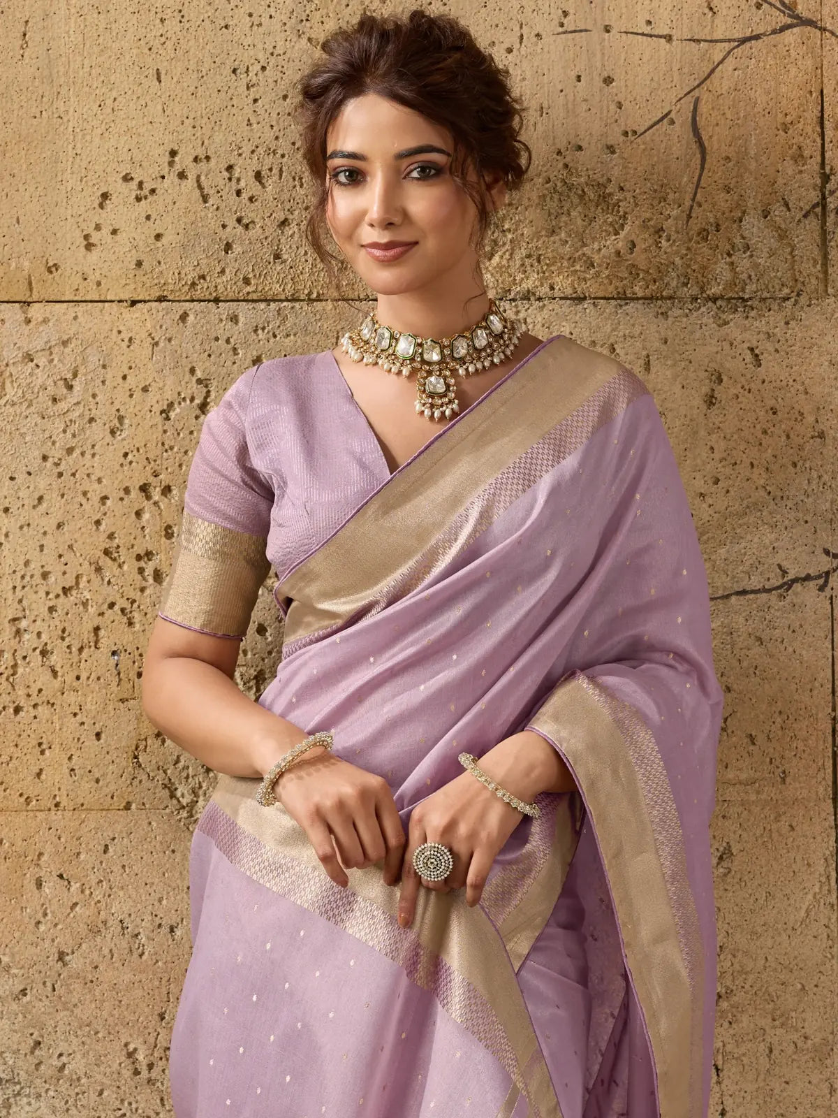Tarani lavender tissue linen saree with zari border upper-body-view Chetasvi