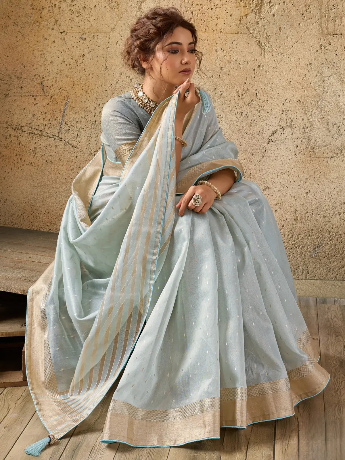 Tarani light blue Tissue Linen saree pallu showing zari detailing