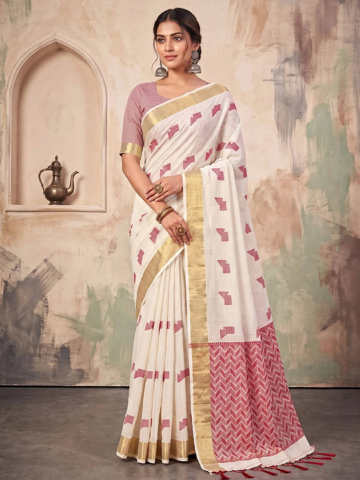 Tarani off white linen cotton saree with geometric woven work full front view for summer wear