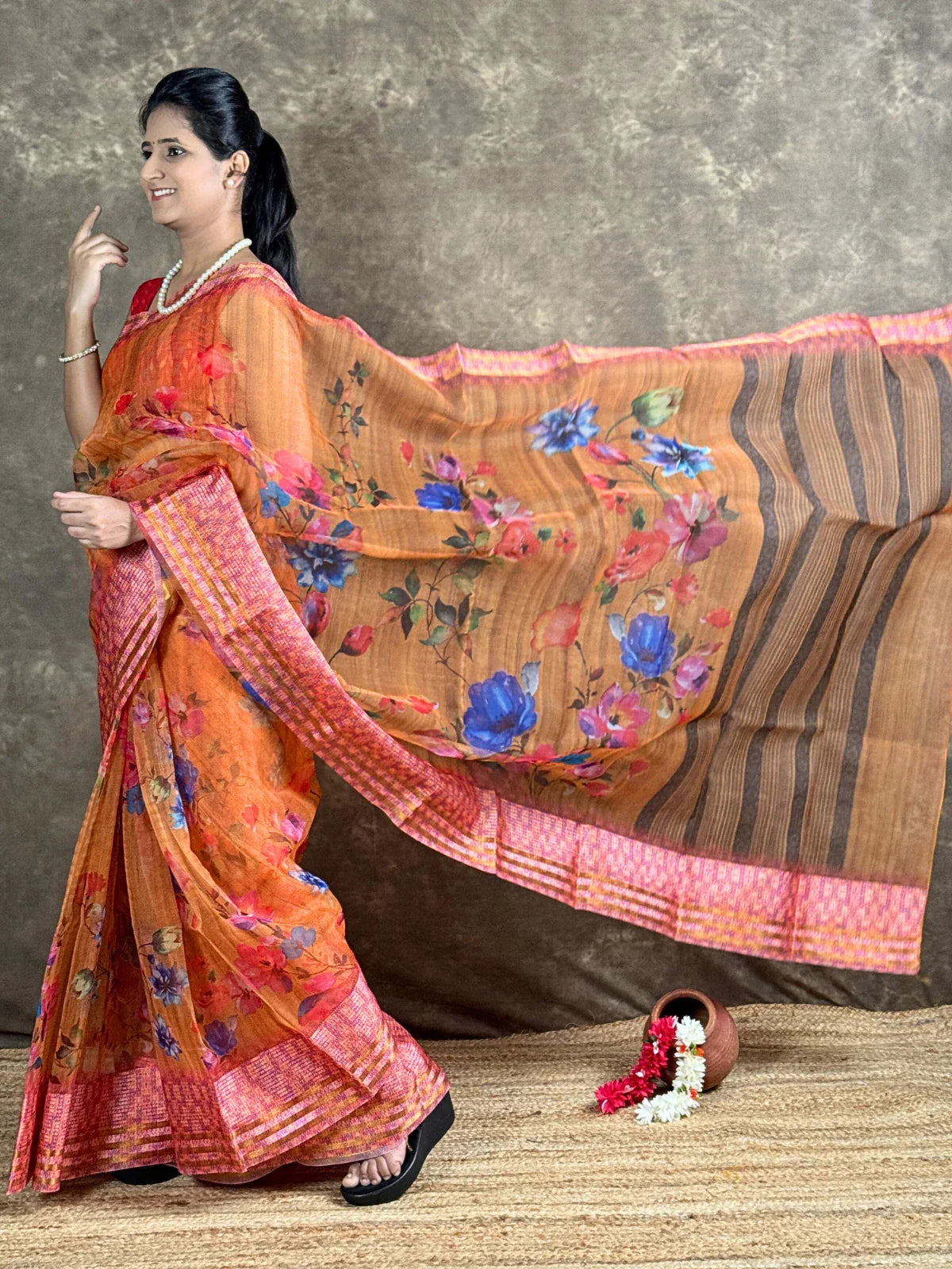 Tarani festive orange silk saree with floral prints full view for women with blouse piece