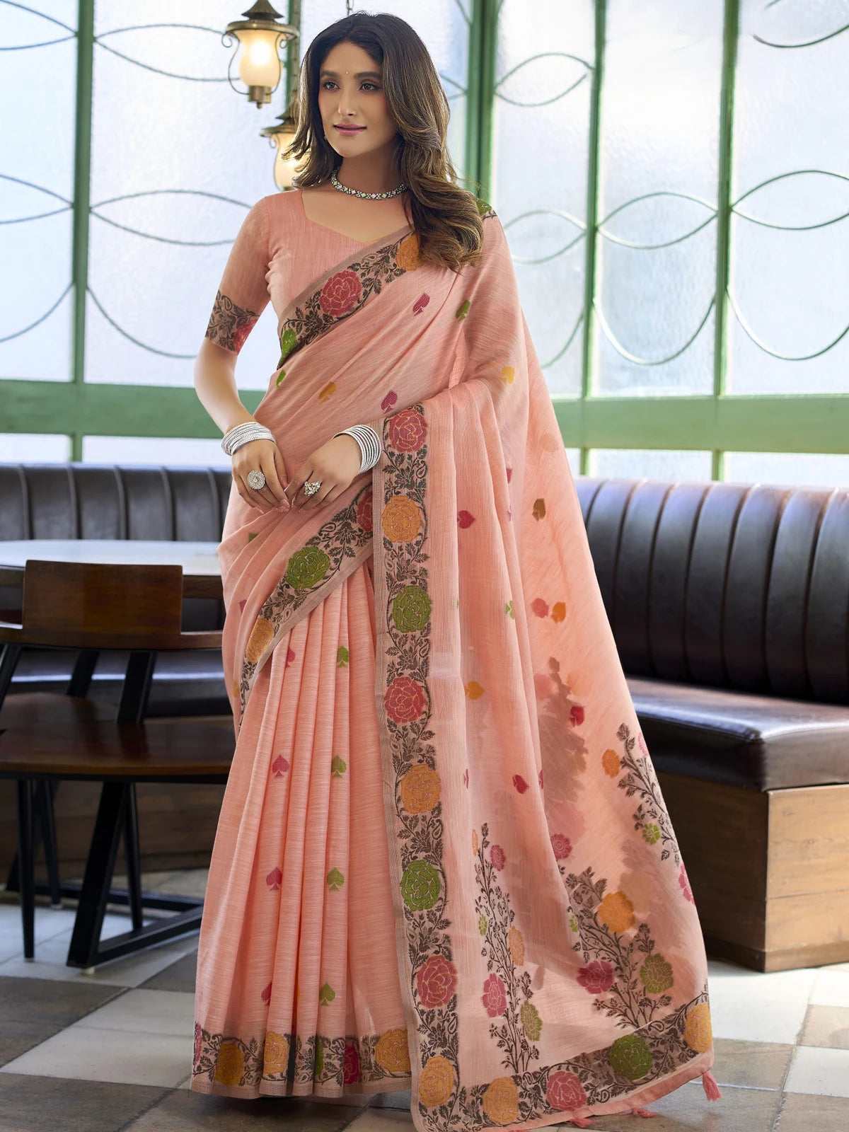 Tarani peach linen jacquard handloom saree with floral woven border festive full view