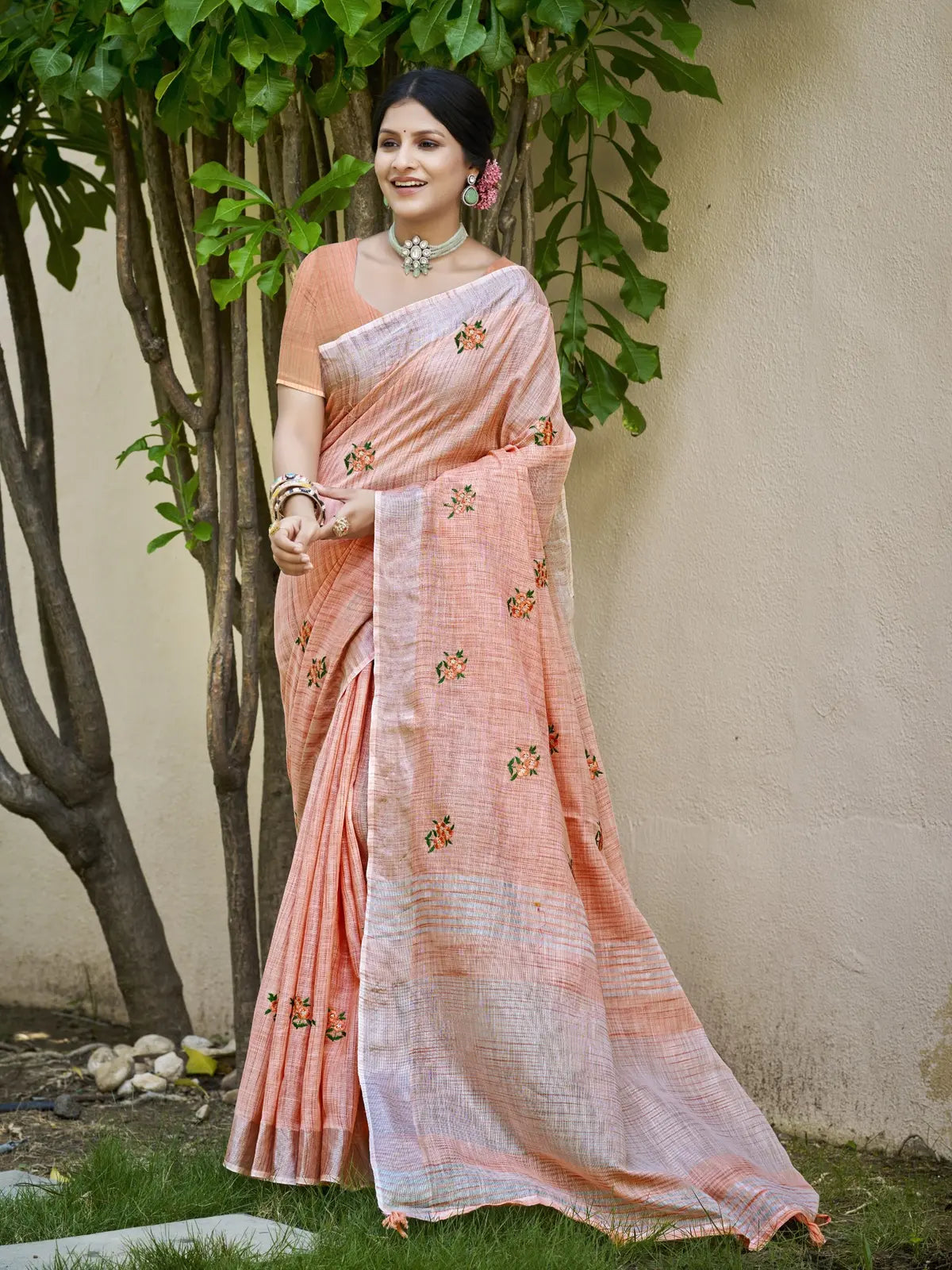 Tarani peach linen saree with embroidery full view for festive and office wear