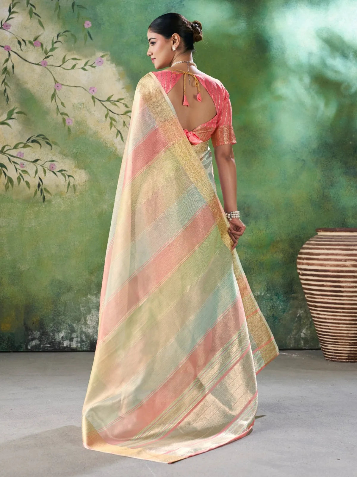 Tarani pink soft linen cotton silk saree back view with designer blouse pattern