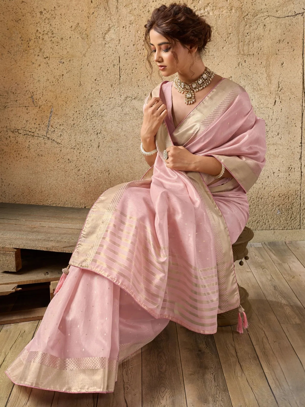 Tarani pink Tissue Linen saree front view for party and wedding wear with Linen Woven blouse