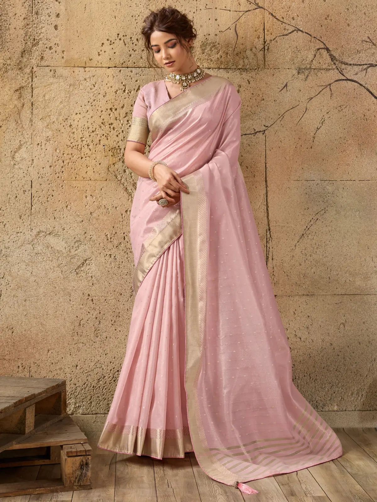 Tarani pink Tissue Linen saree full view with zari motifs and rich zari border for festive wear